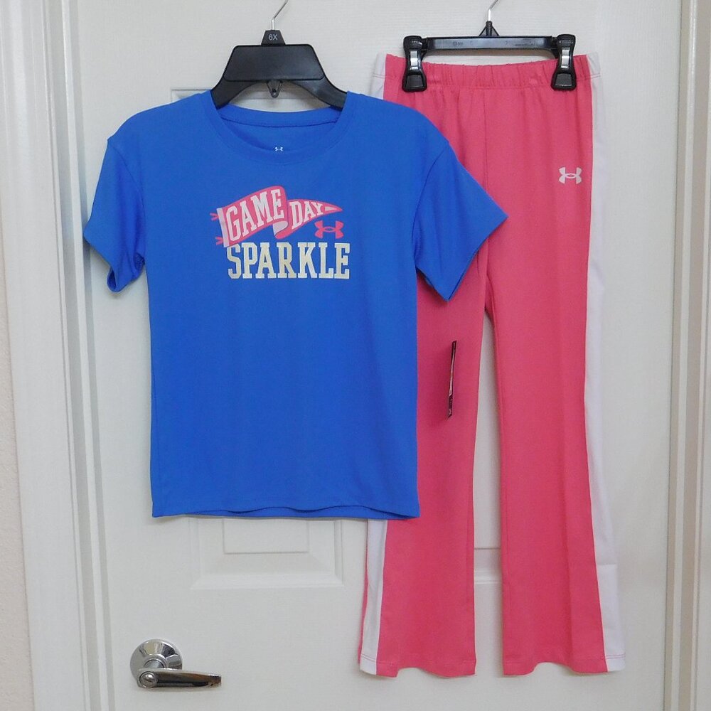 NWT 2pc Under Armour Game Day Sparkle Top & Pink Flared Pants sz 6x